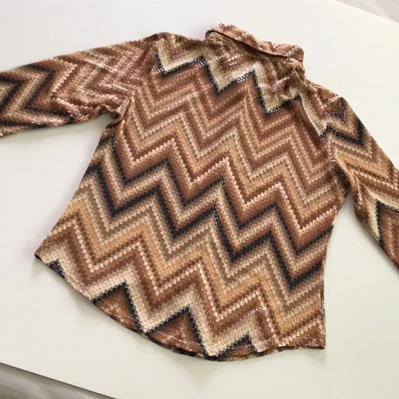 XOXOXO womens L / 12 half sleeve tan brown black button up shirt retro 70s - Picture 13 of 15